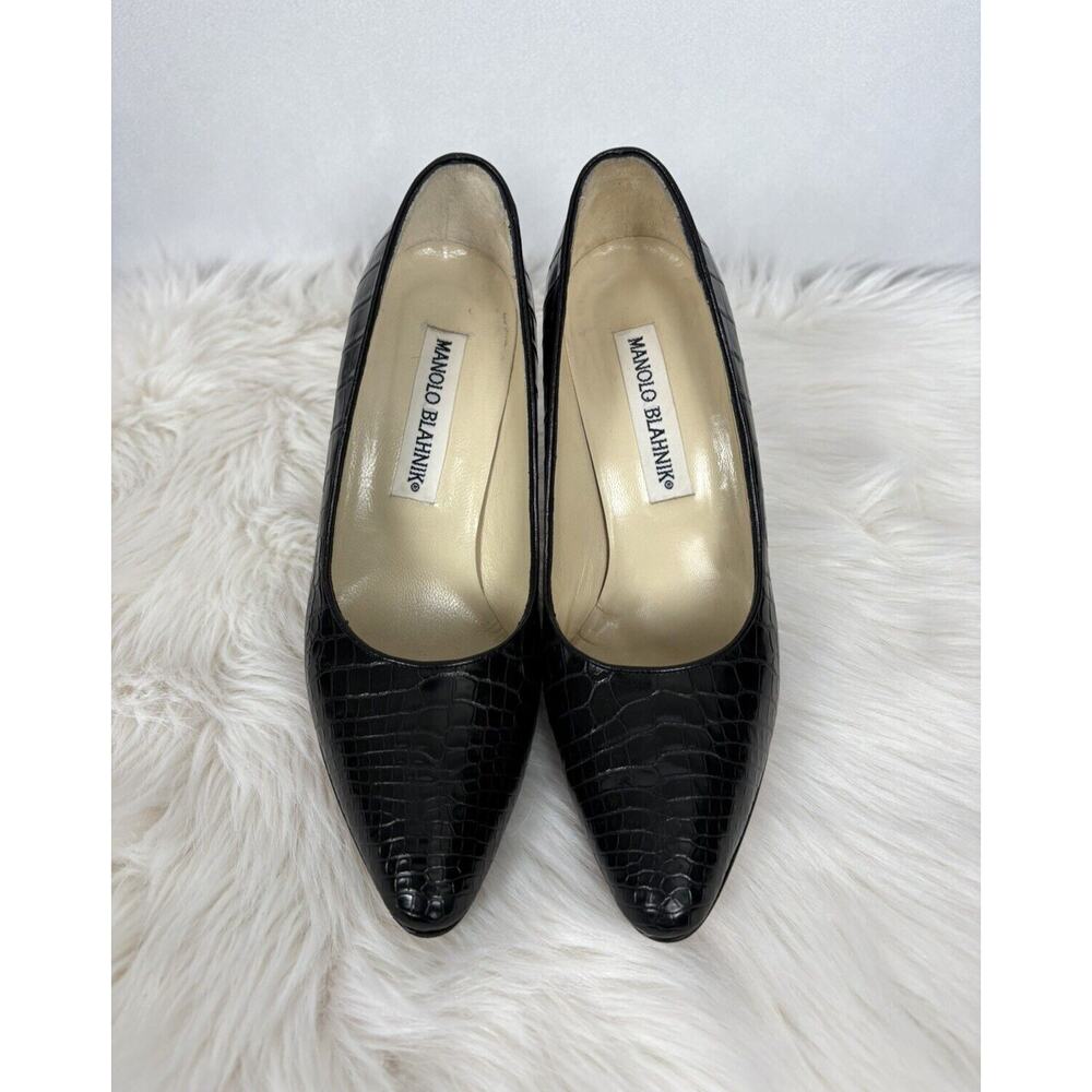 Manolo Blahnik Stiletto Pointed Toe Pumps Black Alligator Crocodile Size 37 - Picture 7 of 10